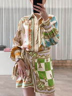 Collared Button Front Baroque Chess Print Tie Cuff Shirt and Wrap Mini Skirt Set
