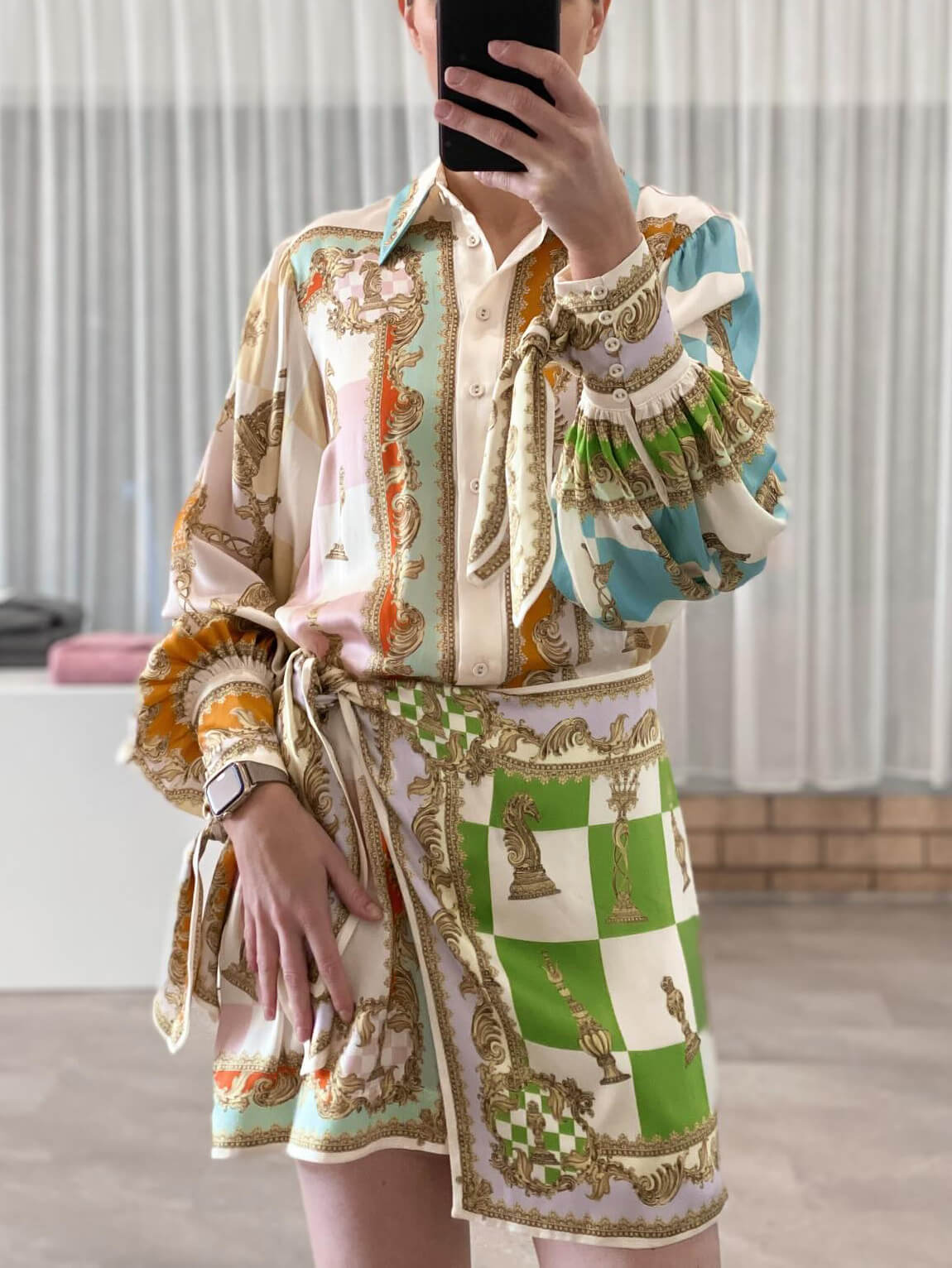 Collared Button Front Baroque Chess Print Tie Cuff Shirt and Wrap Mini Skirt Set