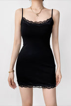 Lace Trim Scoop Neck Spaghetti Strap Heathered Knit Bodycon Mini Dress