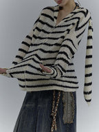 Rabbit Ear Styling Hooded Stripe Cardigan