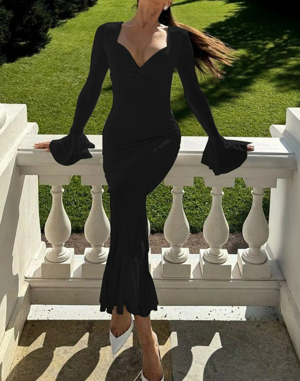 Deep V-Neck Bell Sleeve Shoulder Ruffle Tiered Mermaid Maxi Dress
