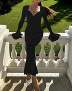 Deep V-Neck Bell Sleeve Shoulder Ruffle Tiered Mermaid Maxi Dress