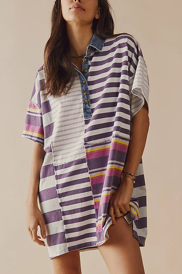 Denim Collar Striped Patchwork Polo Rugby Mini Dress