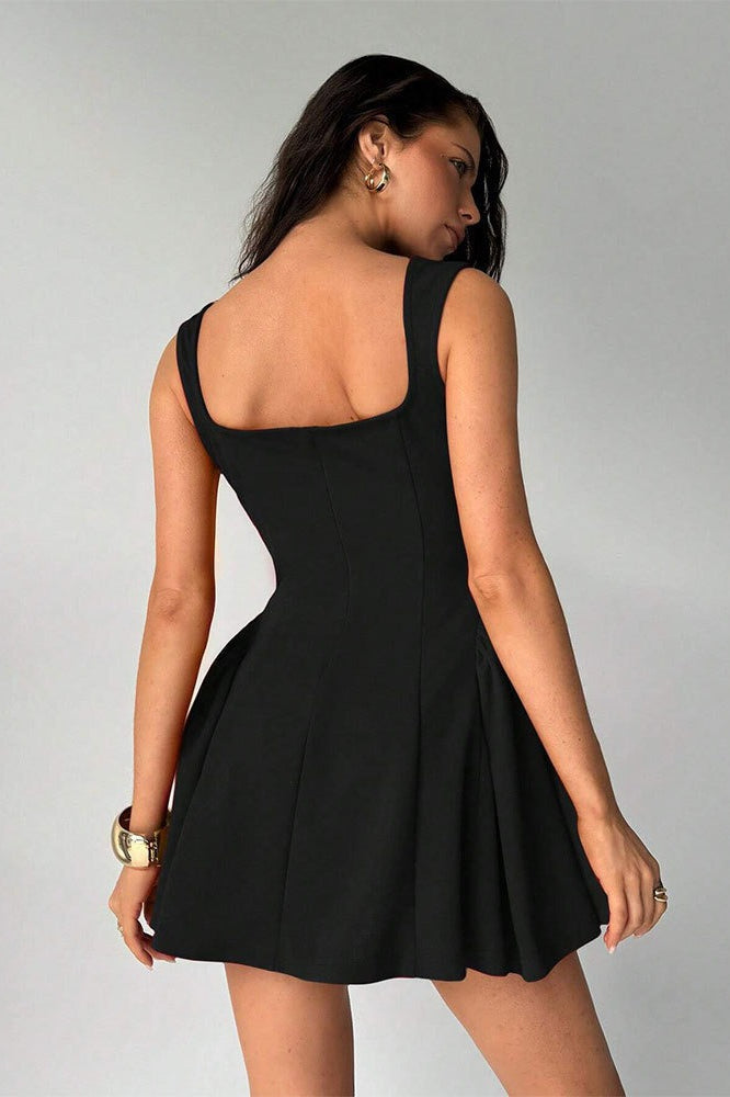 Square Neck Cap Sleeve Ruched Fit and Flare Mini Dress