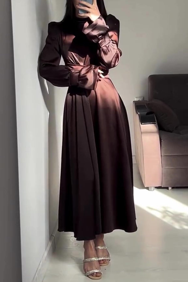 Mock Neck Bishop Sleeve Ruched Waist Satin Maxi Dress