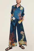 Linen Blend Unique Print Lapel Short Sleeve Shirt and Elastic Waist Loose Pocket Wide Leg Pants Set