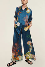 Linen Blend Unique Print Lapel Short Sleeve Shirt and Elastic Waist Loose Pocket Wide Leg Pants Set