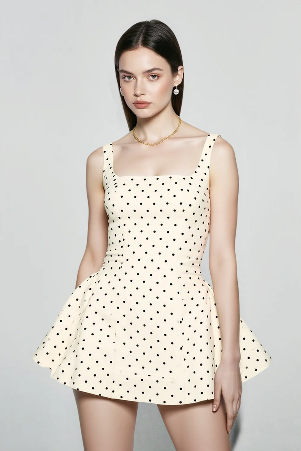 Polka Dot Square Neck Wide Strap Pocket Skater Mini Dress