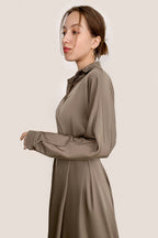 Surplice Pleat Detail Long Sleeve Collar Blouse and A-Line Midi Skirt Set