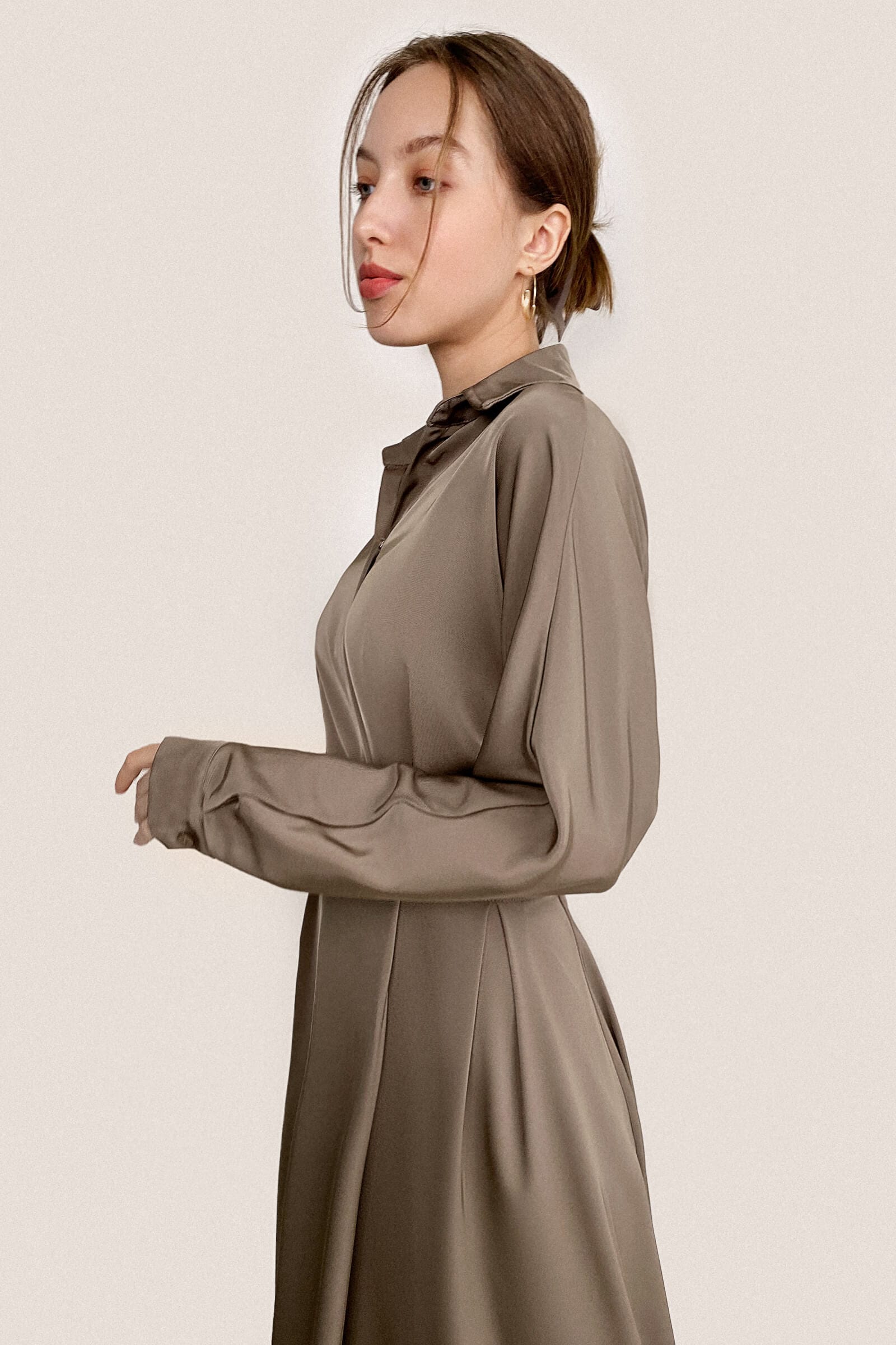 Surplice Pleat Detail Long Sleeve Collar Blouse and A-Line Midi Skirt Set