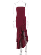 Burgundy Prom Dress Off The Shoulder Ruffles Asymmetrical Elegant Maxi Dresses