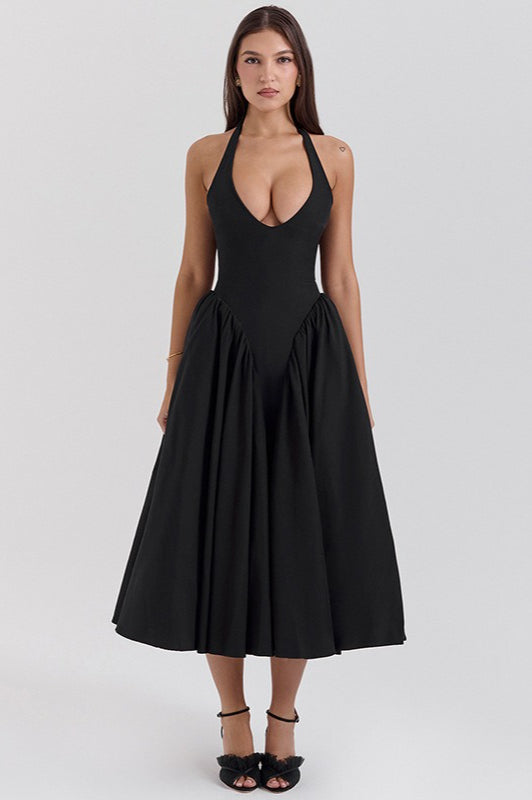 Black Halter Backless Tie Dress