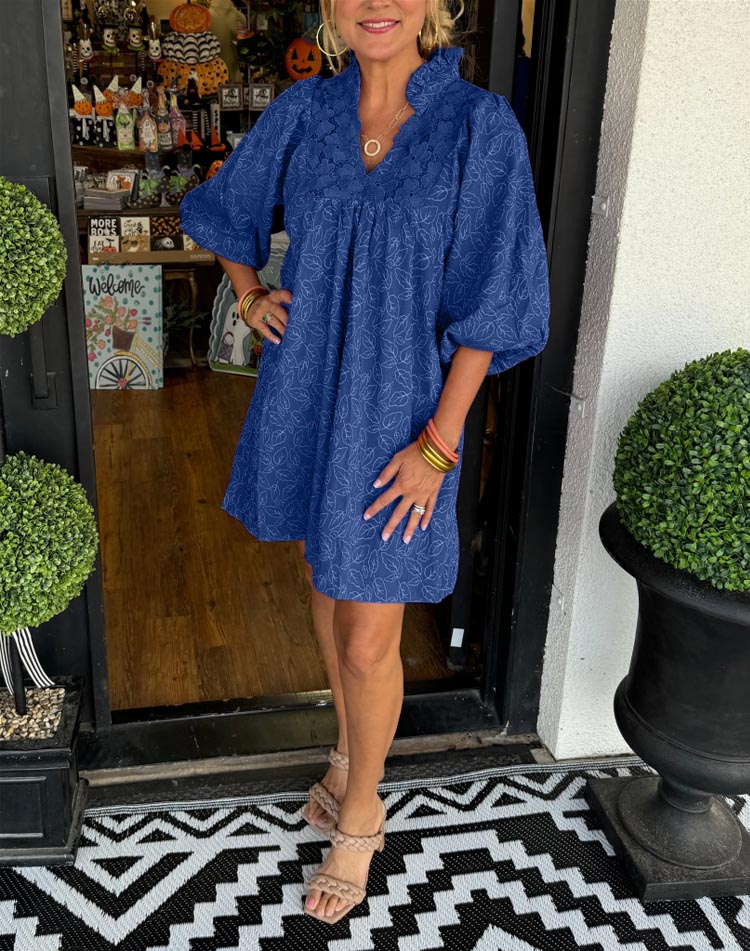 Puff Sleeve V-Neck Ruffle Collar Eyelet Yoke Tiered Mini Dress