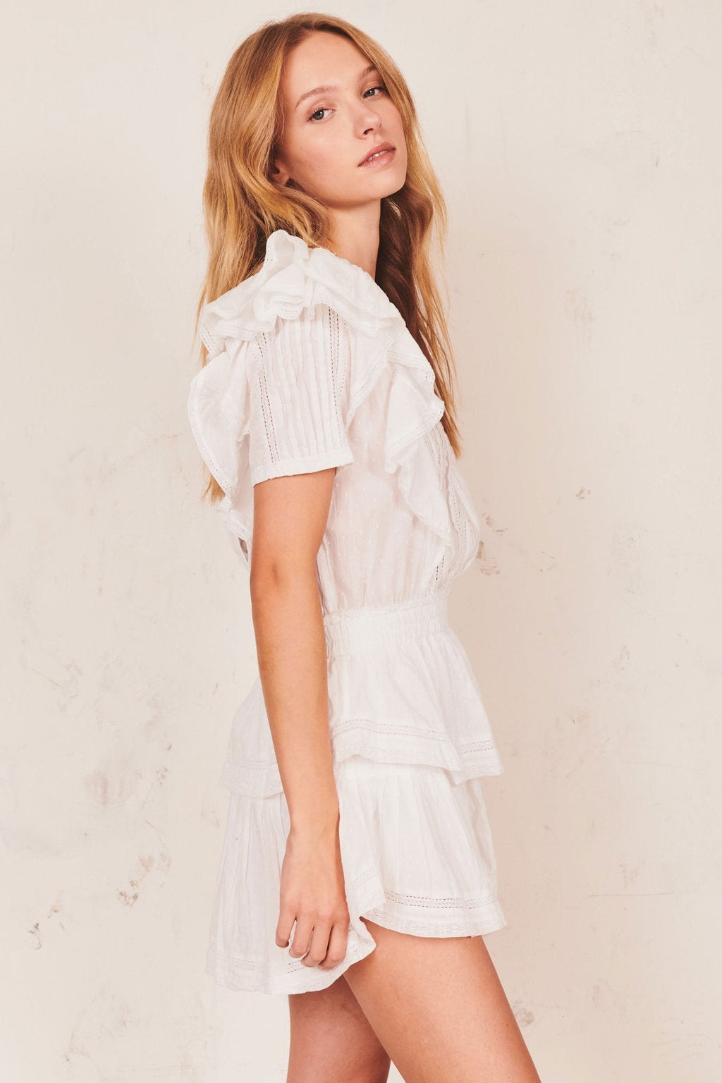 Eyelet Lace Ruffle Sleeve Smocked Waist Tiered Mini Dress