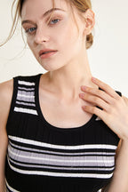Scoop Neck Ribbed Knit Horizontal Stripe Tank Bodycon Midi Dress