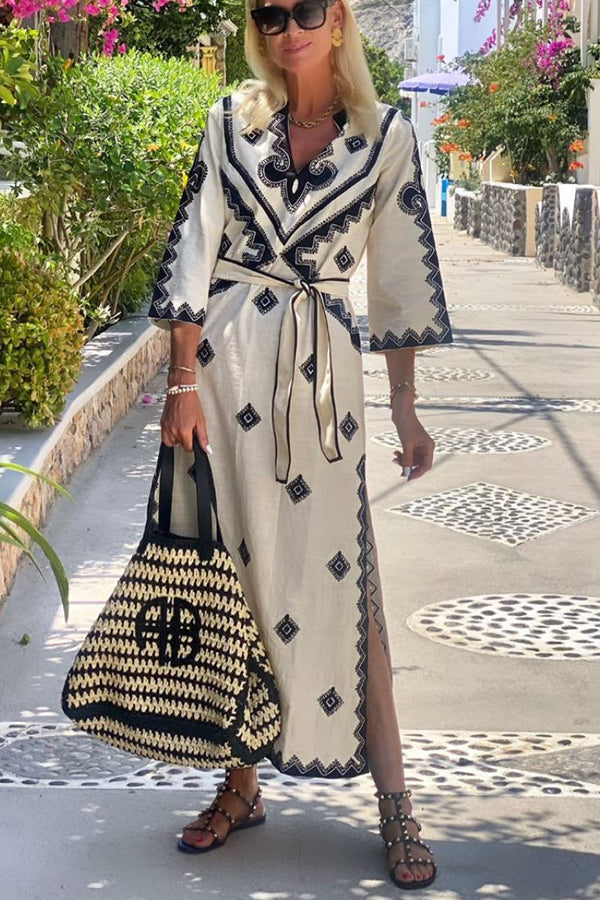 Ethnic Print V-Neck Three Quarter Sleeve Tie Waist Maxi Dress