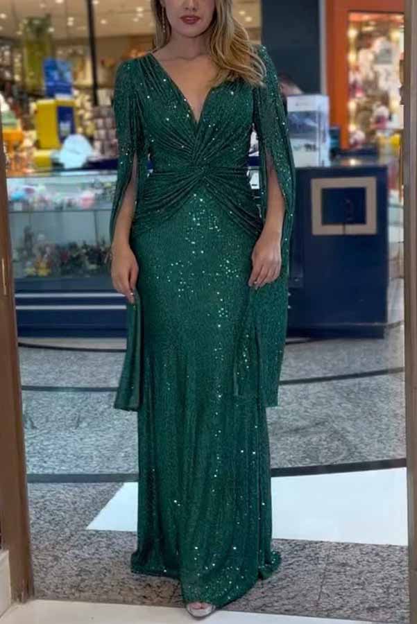 Deep V-Neck Twist Waist Sequin Cape Sleeve Column Maxi Gown