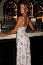 Pink Spaghetti Strap Deep V Lace Cup Floral Print Bodycon Maxi Dress
