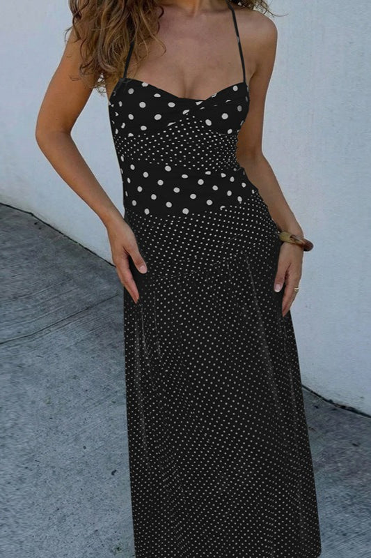 Sweetheart Halter Knot Bodice Mixed Scale Polka Dot Maxi Dress