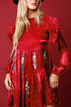 Satin Bishop Sleeve Shoulder Ruffle Nutcracker Sequin Patch Tiered Mini Dress