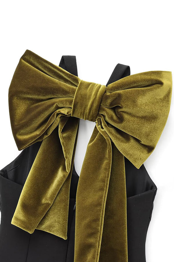 Oversized Velvet Bow Shoulder Open Back Sleeveless Mini Dress