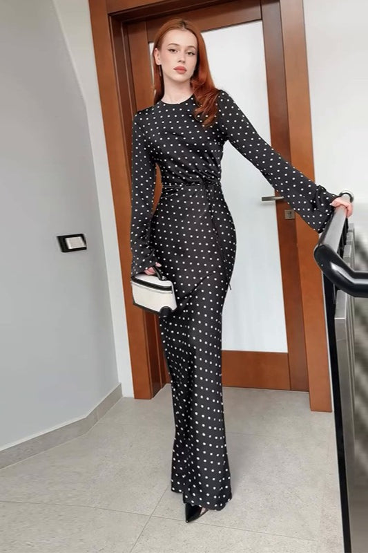 Polka Dot Long Sleeve Tie Waist Satin Maxi Dress