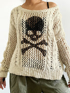 Cutout Skull Print Twist Design Knit Loose Sweater