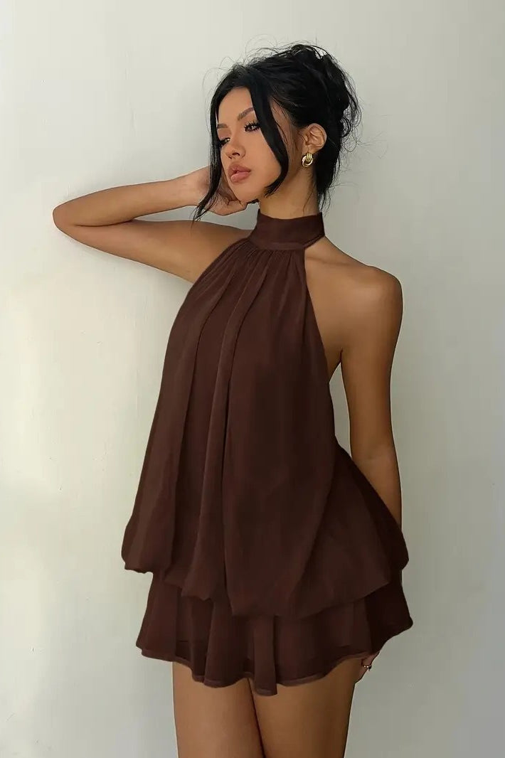 Backless Halter Tie Waist Ruffled Bodycon Mini Dress