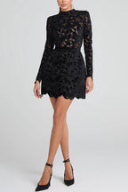 Burnout Velvet Floral Lace Mock Neck Long Sleeve Bodycon Mini Dress