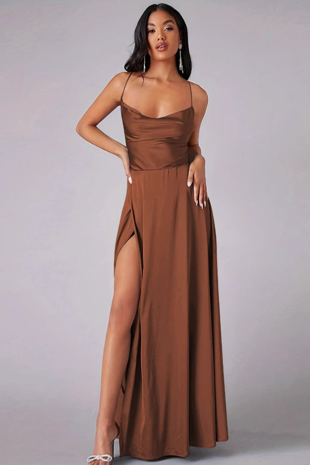 Satin Cowl Neck Spaghetti Strap High Slit A-Line Maxi Gown