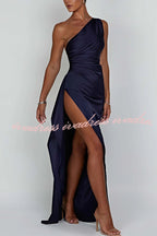 Fits Your Curves Satin One Shoulder Drape Slit Maxi Dress