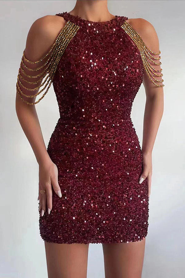 Sequin Halter Neck Beaded Strap Detail Bodycon Mini Dress