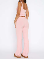 Solid Breasted Tank Top & Lace Up Pants Set
