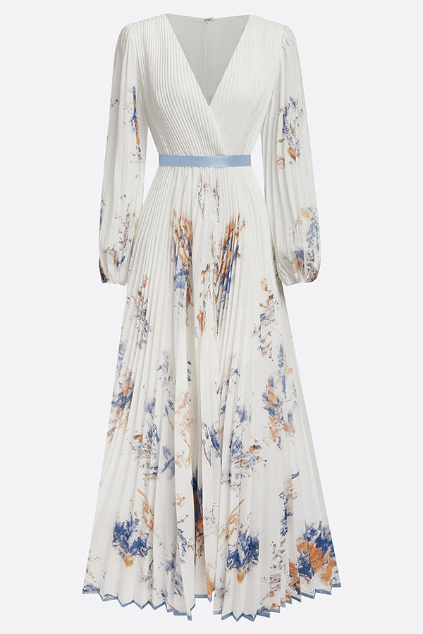 Unique Printed V-Neck Long Sleeve Bow Tie Waist Holiday Maxi Dress