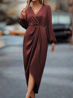 Wrap V Neck Bishop Sleeve Twist Front Draped Midi Dress
