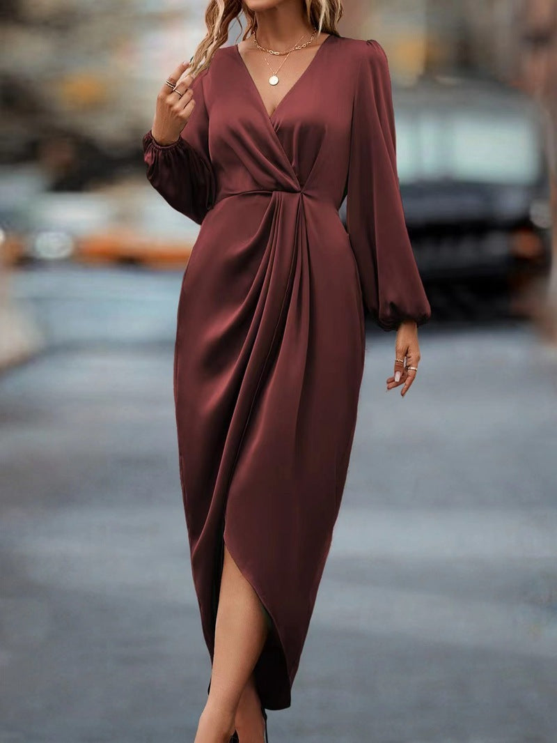 Wrap V Neck Bishop Sleeve Twist Front Draped Midi Dress