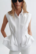 Devon Lapel Button Up Sleeveless Pleated Waist Flare Hem Shirt