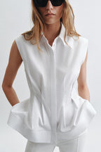 Devon Lapel Button Up Sleeveless Pleated Waist Flare Hem Shirt