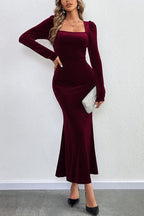 Velvet Square Neck Puff Shoulder Mermaid Hem Maxi Dress