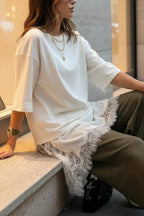 Stylish Round Neck Short-sleeved Patchwork Lace Hem Loose T-shirt