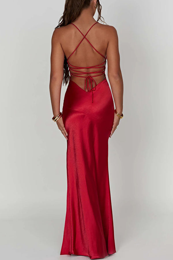 Satin Deep V-Neck Spaghetti Strap High Slit Column Maxi Dress