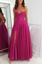 Glitter Cowl Neck Corset Bodice Spaghetti Strap Pleated High Split Pocketed Maxi Gown