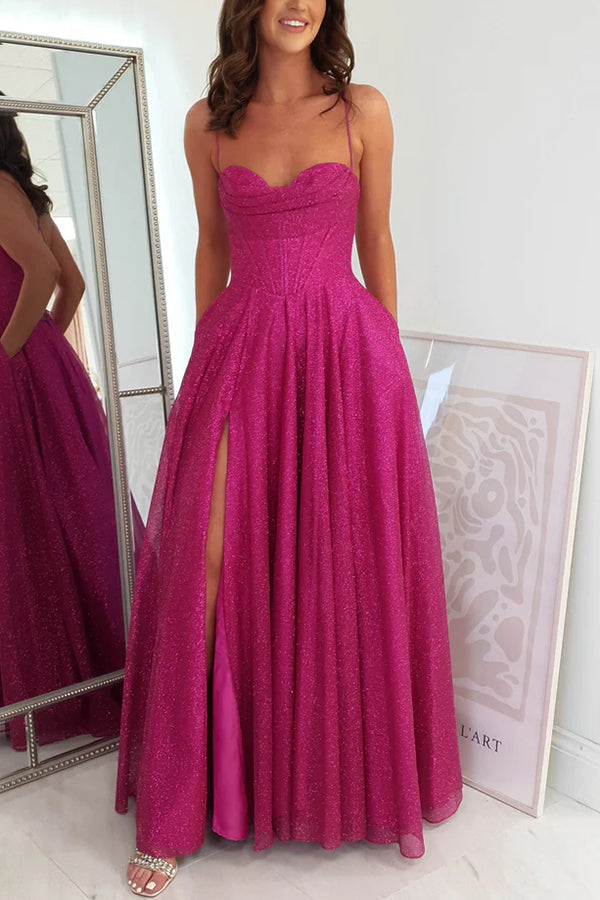 Glitter Cowl Neck Corset Bodice Spaghetti Strap Pleated High Split Pocketed Maxi Gown