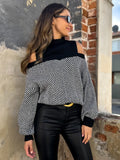 Pullovers For Women Black Color Block Jewel Neck Long Sleeves Open Shoulder Acrylic Sweaters