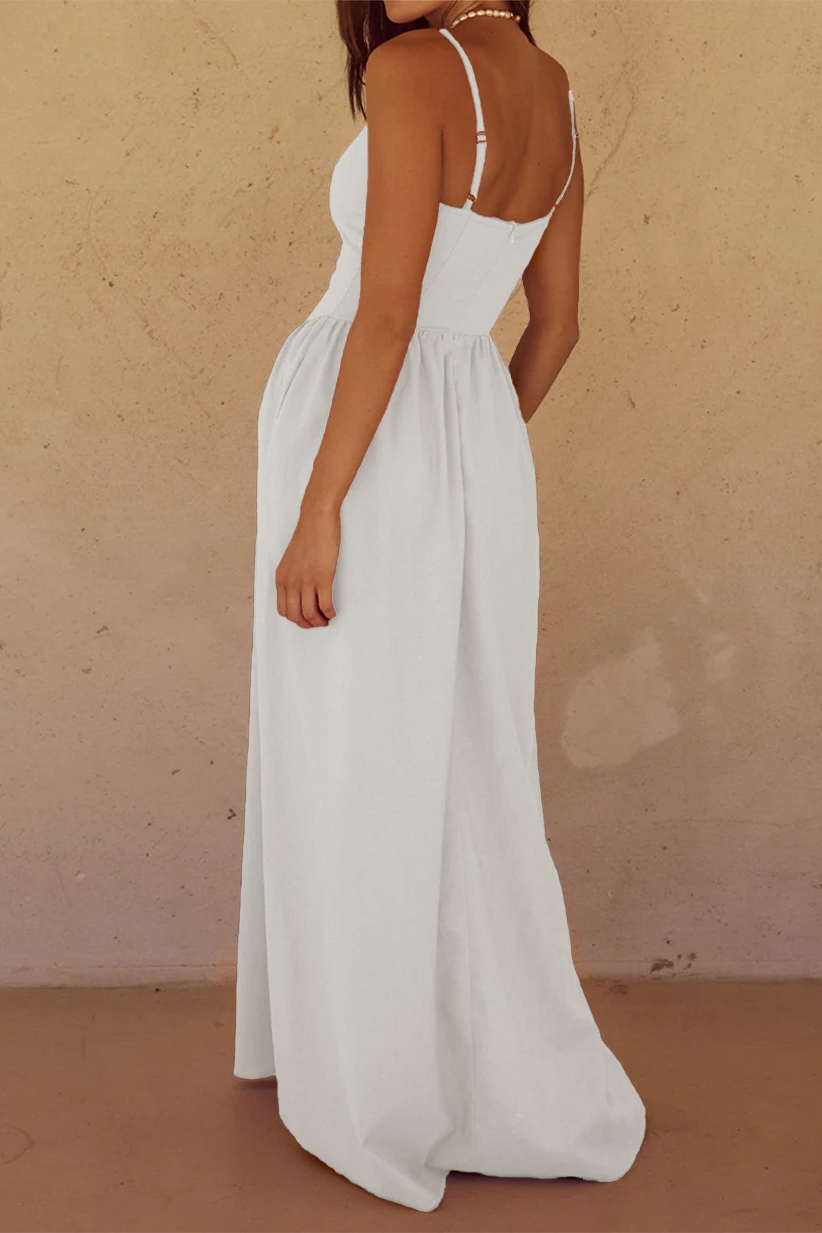 Ivory Spaghetti Strap V Neck Basque Waist Pocket Maxi Dress