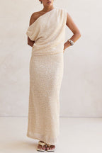 Milla Knit Sequin High Rise Side Zipper Slit Straight Maxi Skirt