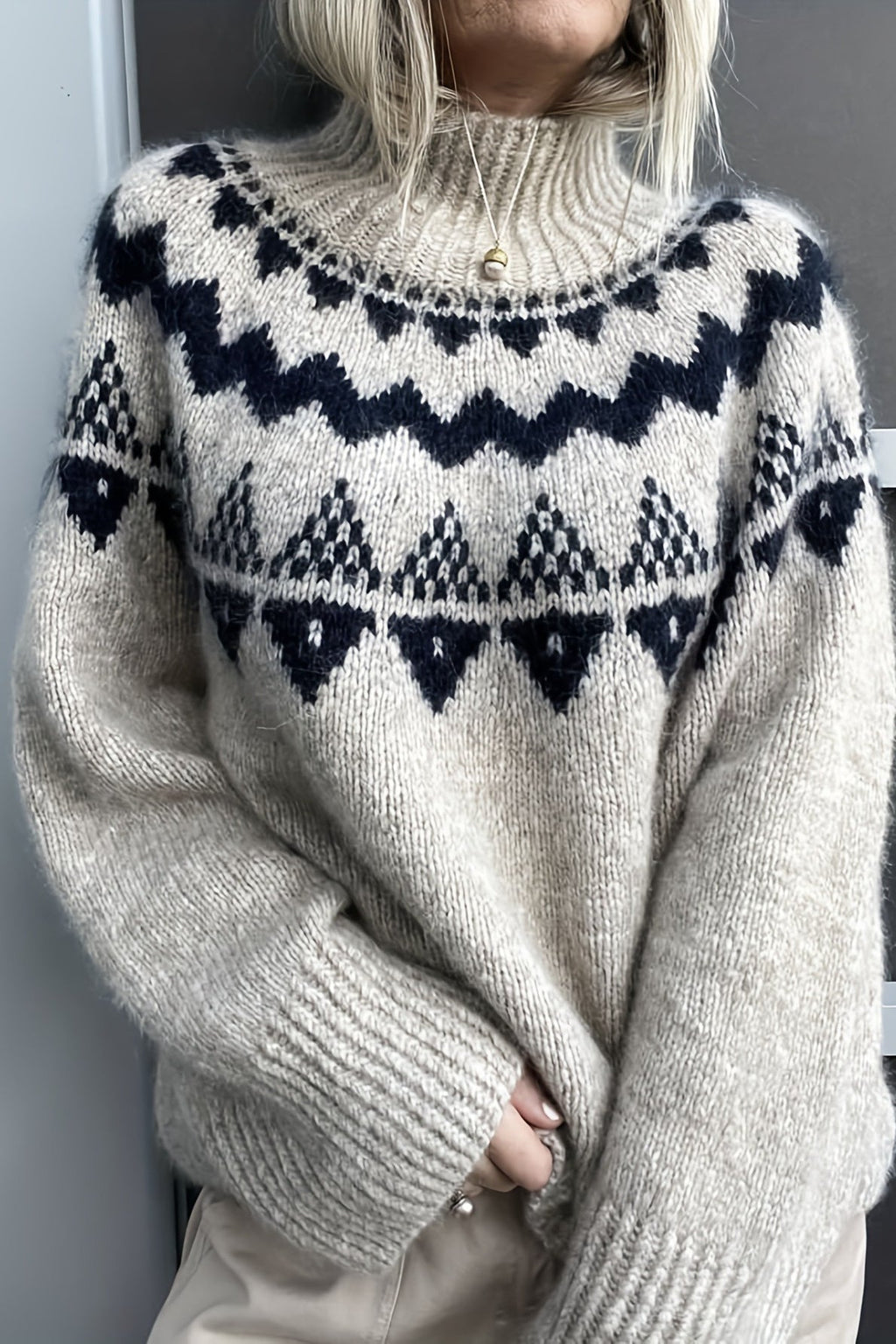 Vintage Slouchy Jacquard Loose Knit Pullover Sweater