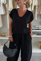 Linen Blend Solid Color V-neck Short-sleeved Top and Elastic Waist Pocket Bloomers Pants Set