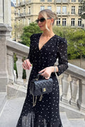 Polka Dot Deep V-Neck Button Front Puff Sleeve Tiered Maxi Dress