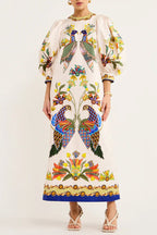 Bird Print Puff Sleeve Belted Border Hem Midi Dress